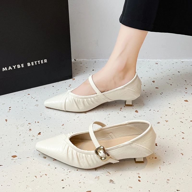 

2025 New Spring Retro French Pointed Toe Women's Shoes: Ruched Mary Jane Flats, One-Strap, Low-Cut, Office Style