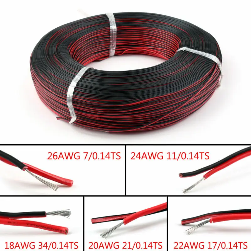 10M~5M 16 18 20 22 24 26 AWG 2Pins Copper Wire  DIY LED Lamp Connector Red & Black Flat Ribbon Cable 300V 80C