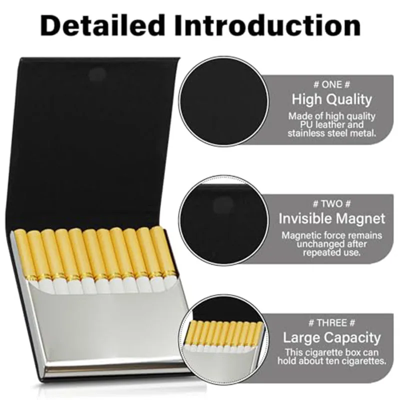Leather Metal Cigarette Box Buckle Flip Cover Portable Pocket 10 Regular Size Tobacco Cigarettes Holder Case Smoking Accessories
