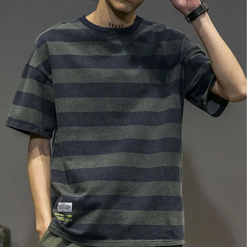 Koreon Vintage Men Short Sleeve Striped T-Shirt New Oversize Harajuku Streetwear Fashion Summer Male Clothing Loose Casual Tops