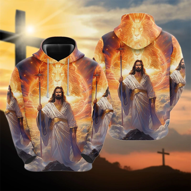 Christian Jesus 3D Print Hoodies For Men Clothes Easter Gifts Tracksuit Animal Lion Pullovers Cross Graphic Sweatshirts Y2k Tops