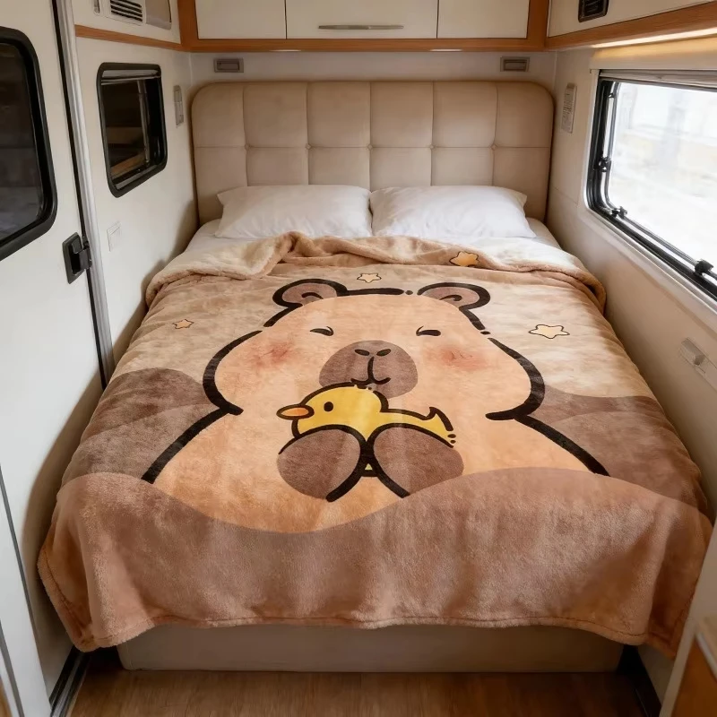 Kapibala Holding A Yellow Duck Cartoon Printed Flannel Blanket, Cute Capybara Soft Sofa Cover Blanket, Nap Blanket