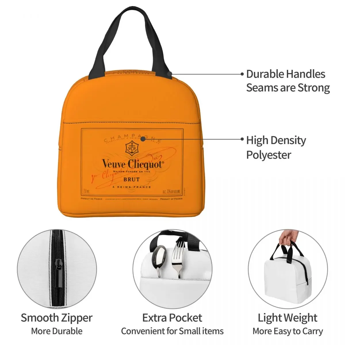 Champagne Orange Insulated Lunch Bags Thermal Bag Lunch Container Veuves Clicquots Large Tote Lunch Box Food Handbags Beach