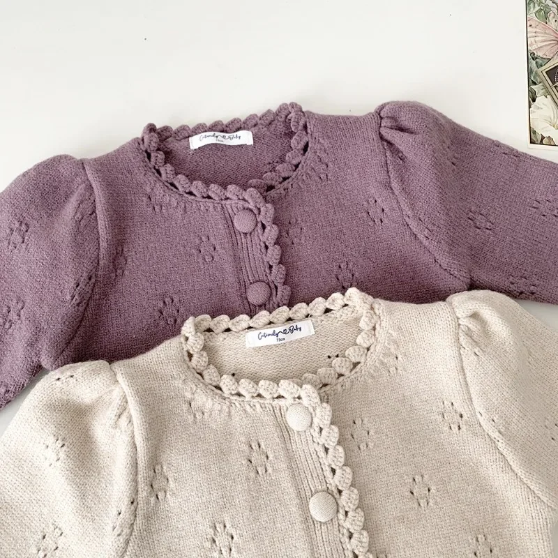 Autumn Winter Baby Girl Purple Knitted Sweater Girls Sweet Cardigan Coats Children\'s Sweater Outwear Tops Kids Clothing