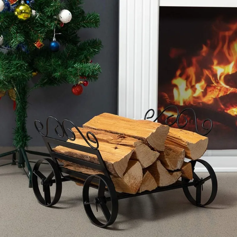 

American country wrought iron stove tool fireplace log frame decorative wheel indoor and outdoor carrier heavy firewood support