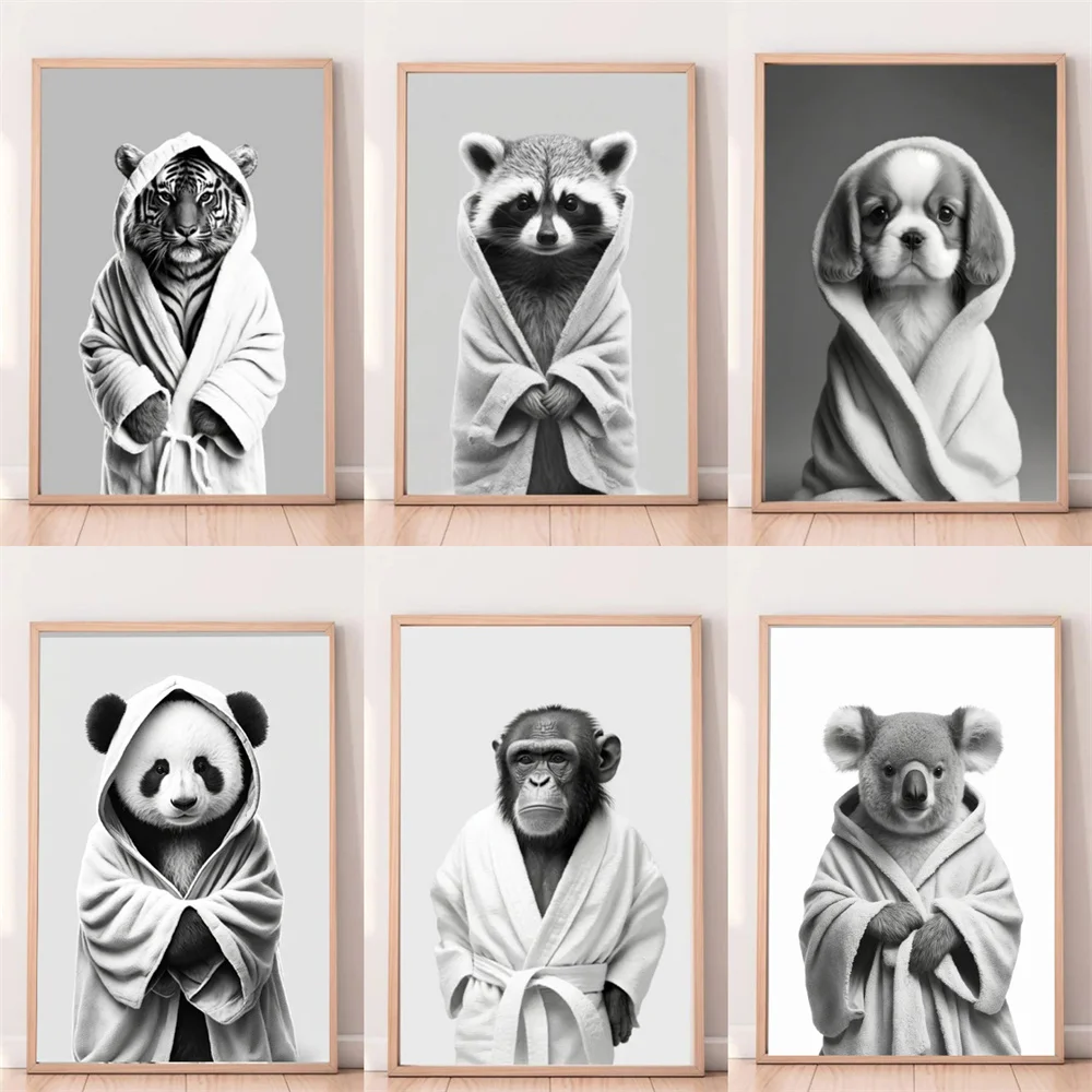 Funny almails Bathroom Toilet Canvas Paintings Panda Monkey Wearing Bathrobe Cold Winter Animal Poster Printing Decor Picture