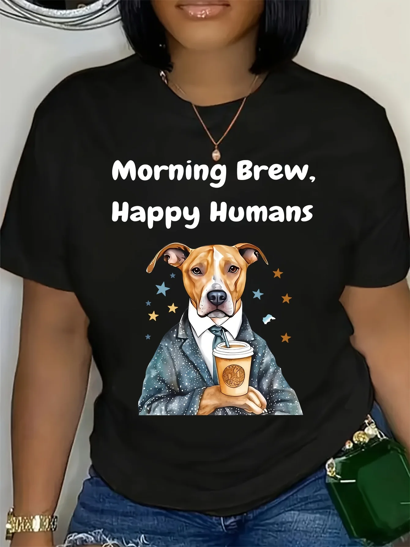 

Dog Print Crew Neck T-Shirt, Casual Short Sleeve Top For Spring & Summer, Women's Clothing