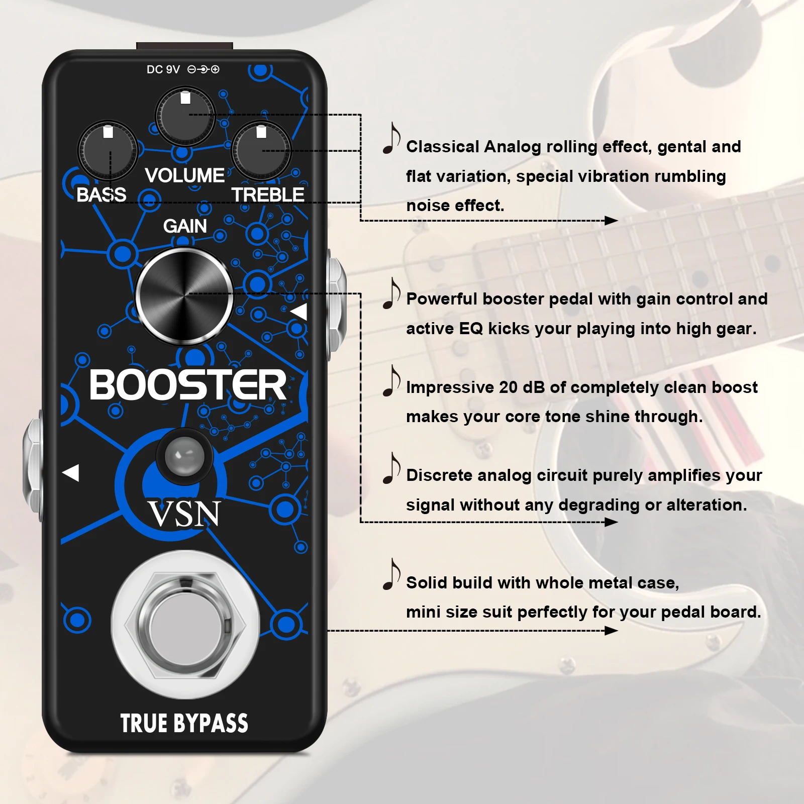 VSN Booster Guitar Effect Pedal,True Gain Booster,Micro Clean Boost Pedal for Electric Guitar Pure Clean Mini Booster Pedals