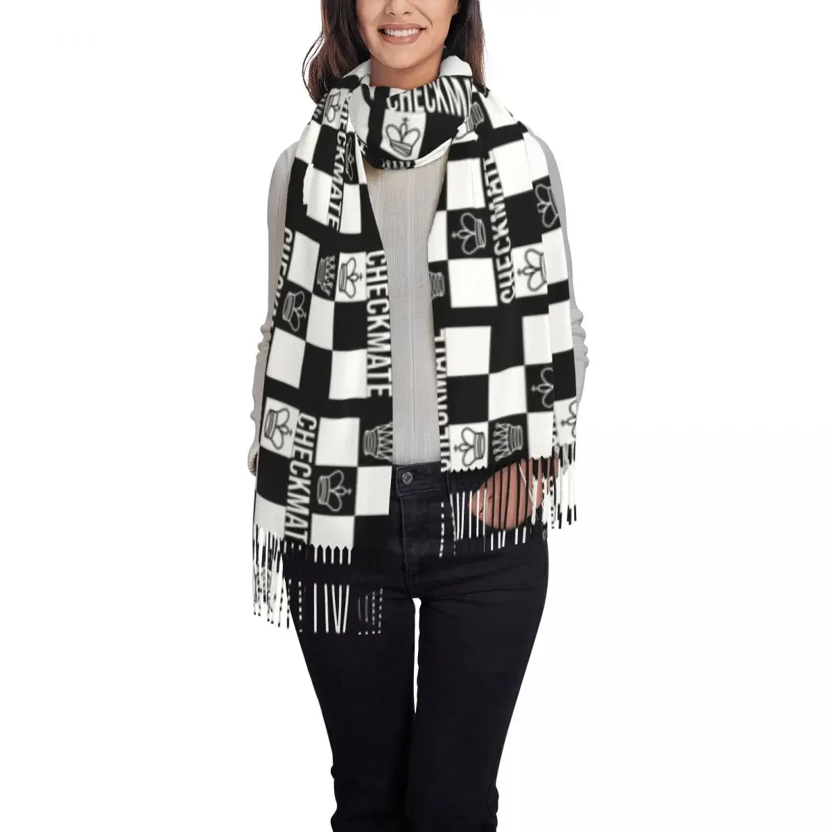 Female Long Checkmate Chess Board Scarves Women Winter Thick Warm Tassel Shawl Wraps Game Chessboard Scarf