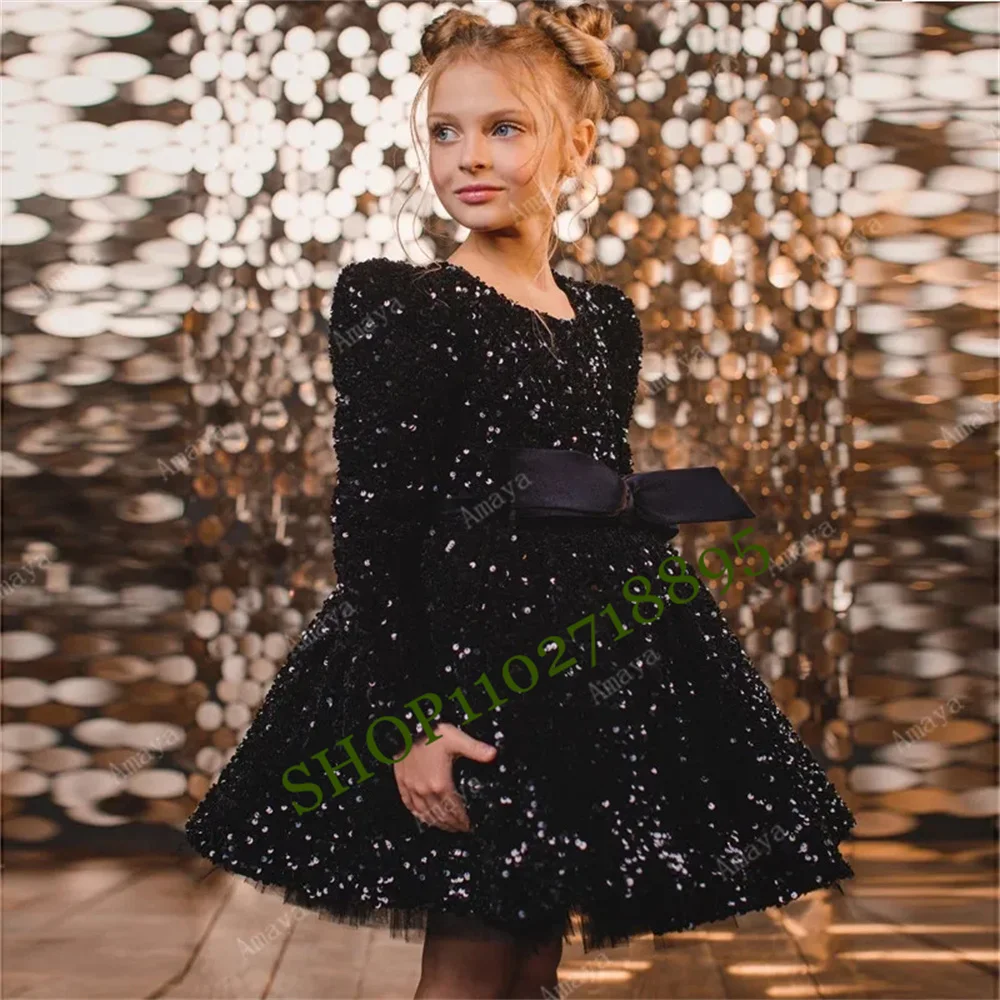 

Gliter Sequin Flower Girl Dresses Princess Long Sleeves Bow Belt Holy Communion Pageant Gown Kids Prom Dress Vestidos Niña