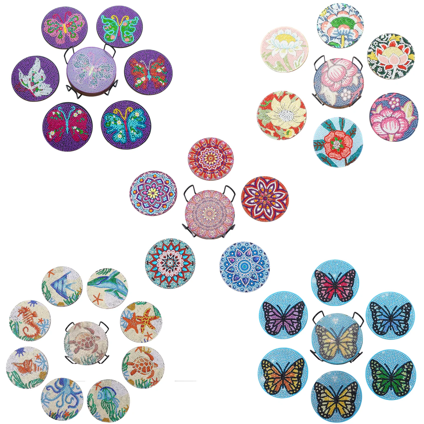 

DIY Diamond painted coasters Wooden wooden table art with holder Crystal glitter, suitable for adult office coffee home coasters