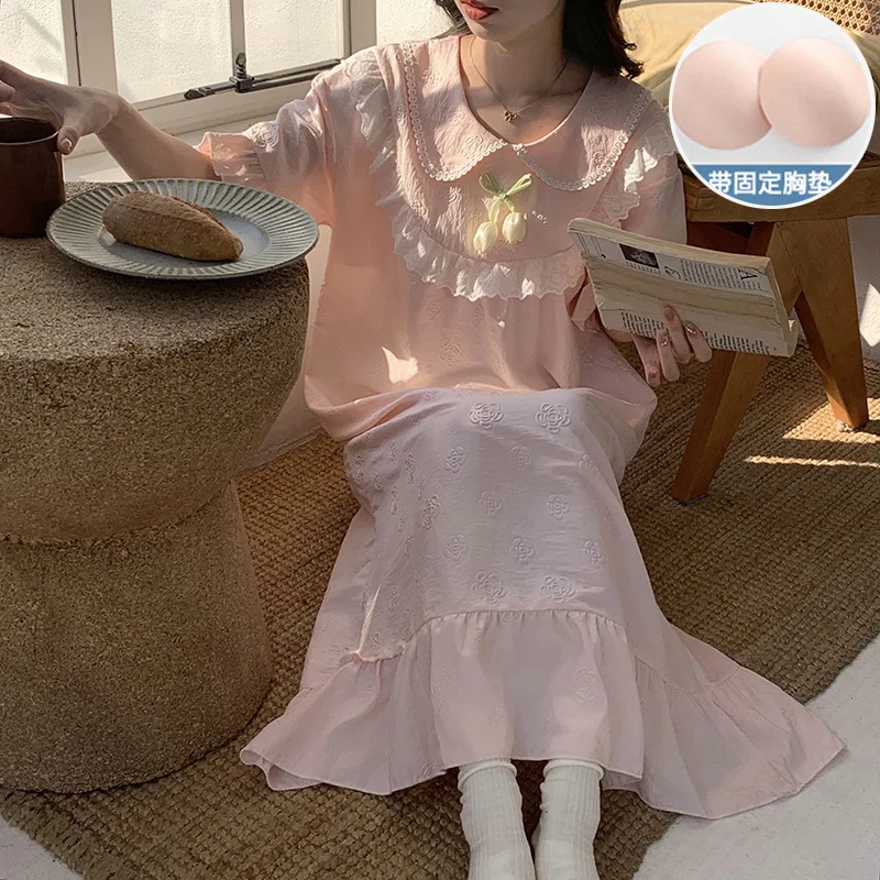 

M-2XL Large Size Summer Long Nightgown with Chest Pad Princess Short-Sleeved Loose Pajamas Korean Student Cute Lace Sleepwear