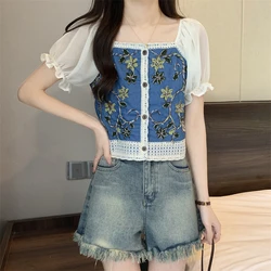 Crochet Knit Blouse for Women Square Neck Chiffon Puff Sleeve Embroidery Floral Tops Fairycore Cottagecore Spring Summer Outfit