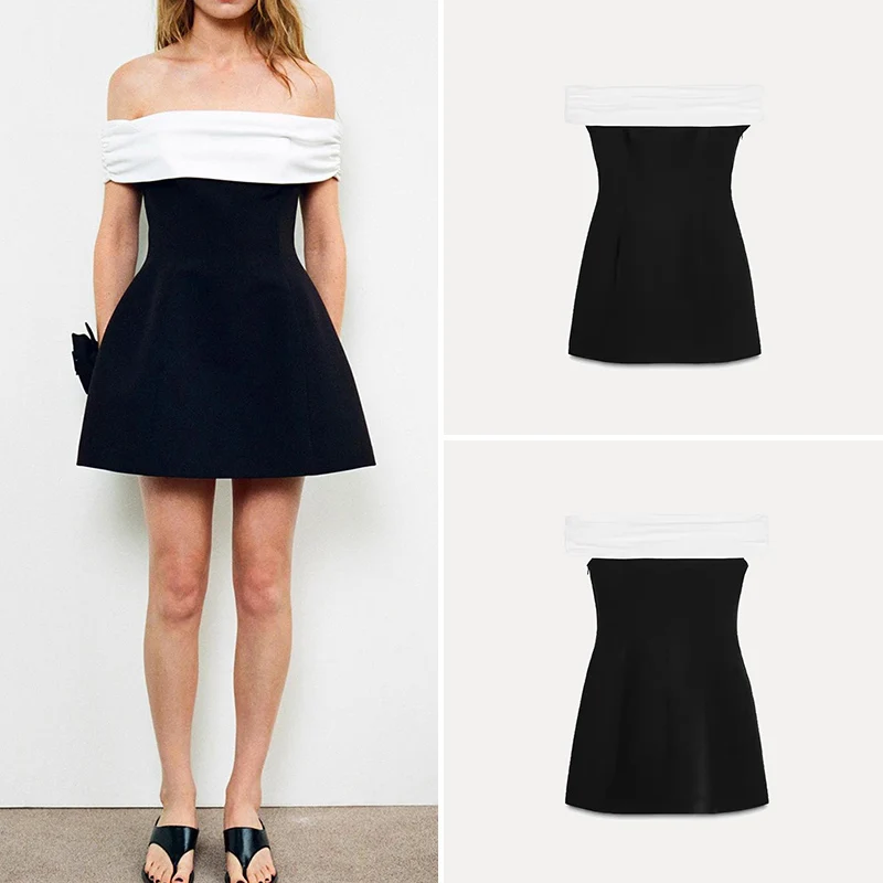 Lente 2025, dames Sle ort Wrap Dr taille cinched kleur Blo bustier rok Hepburn Sle polyestervezel één schouder