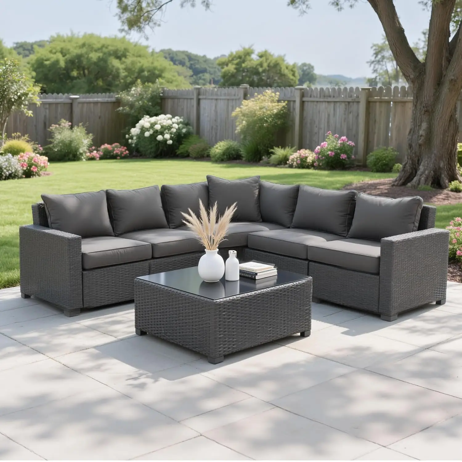 7PCS PE Rattan Sectional Sofa Set w/Thickened Cushion Modular Wicker Set w/Coffee Table for Balcony Backyard, Customized