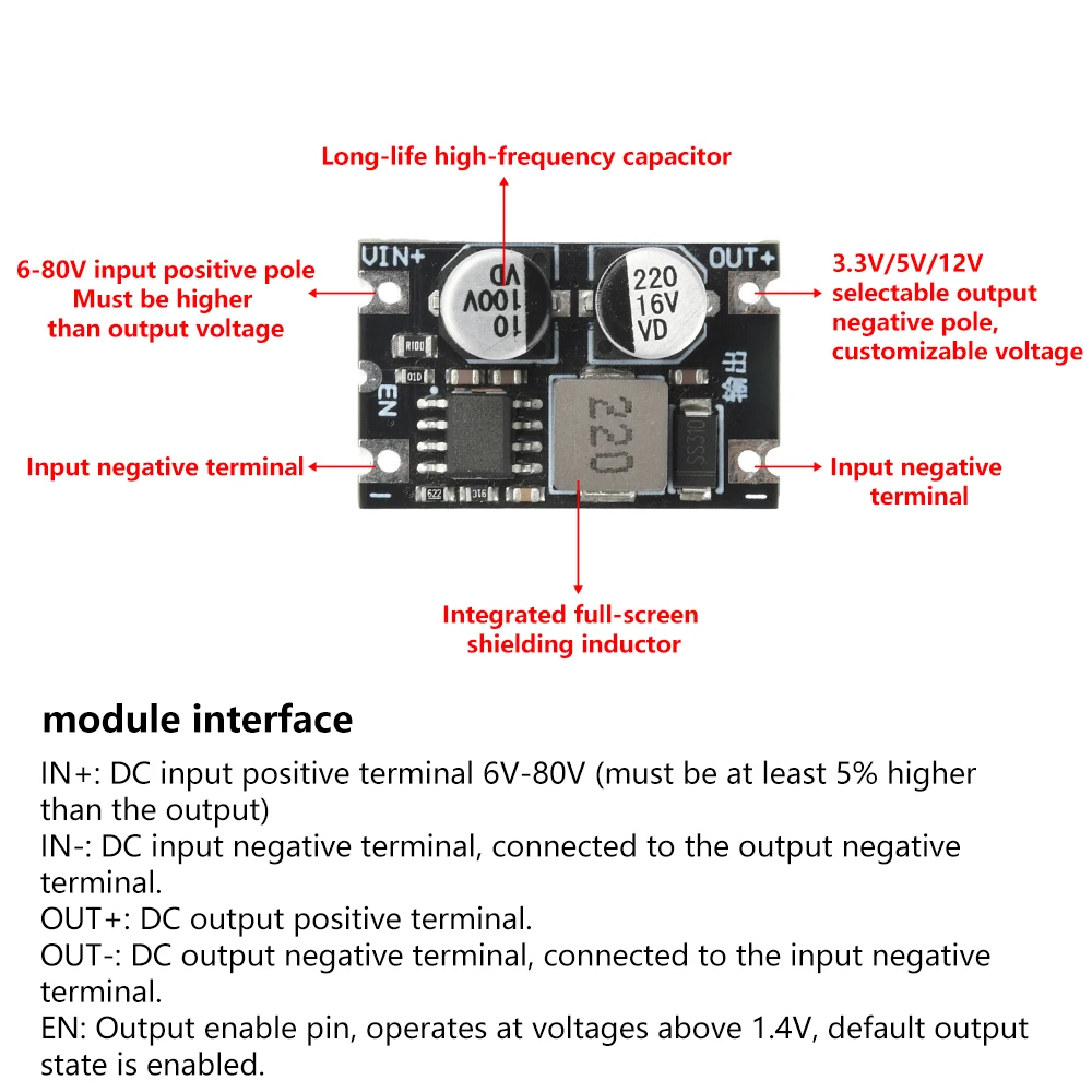 DC 6~80V bis 3,3/5/12V 1,2A Step-Down geregeltes Modul Hocheffiziente Konvertierung Stromversorgungsplatine mit geringer Welligkeit