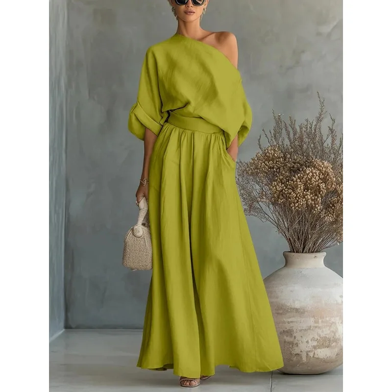 

Women Fashion Off-the-shoulder Two-piece Set Elegant Skew Collar Long Sleeve Top+ Wide Legs Pants Set 2026 Summer Solid Outfit