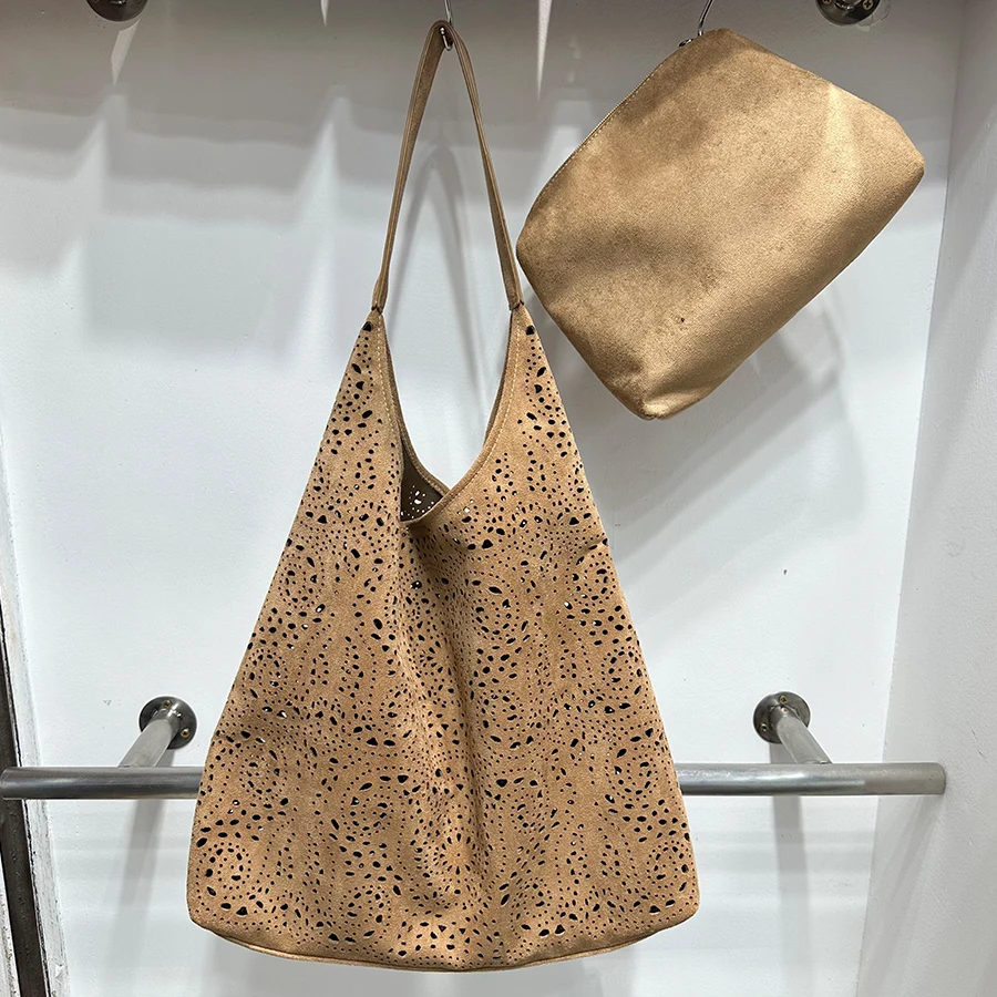 

Casual Soft Textile Women's Shoulder Bag Large Capacity Suede Leather Female Hollow Out Handbags For Commute Daily Totes Bag ﻿