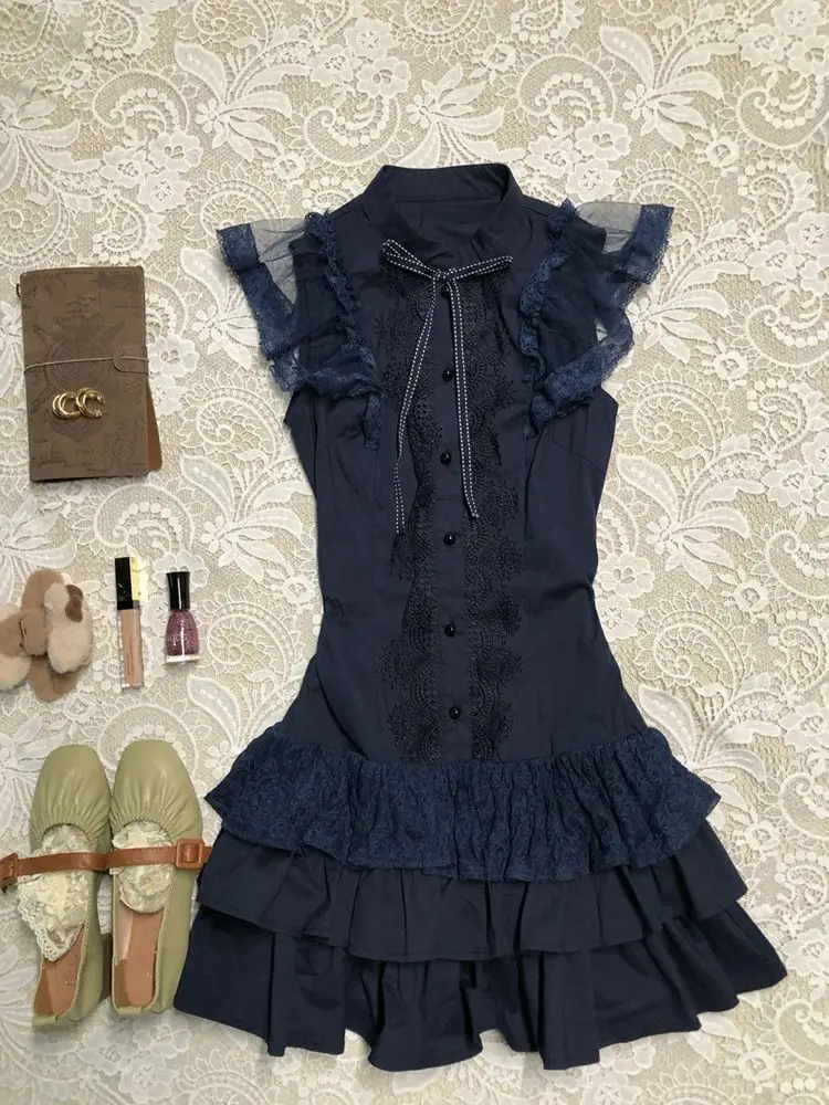 Damen 2000er Y2k Sommerkleider 2025 Gyaru Mode Hohe Taille Party Spitze Kurzes Kleid Sexy Harajuku Niedliche ärmellose Kleider Süß