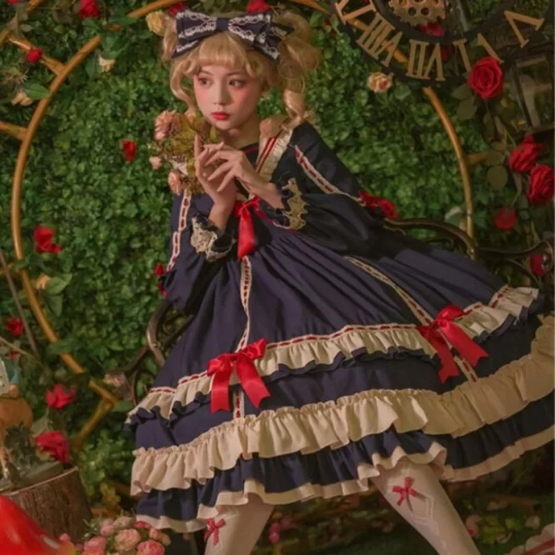 MAGOGO بنات عيد الميلاد OP كم طويل لوليتا فستان الأخوات الناعمة عالية الخصر الكشكشة تقسم الحلو القوس فستان حفلة المحكمة خمر