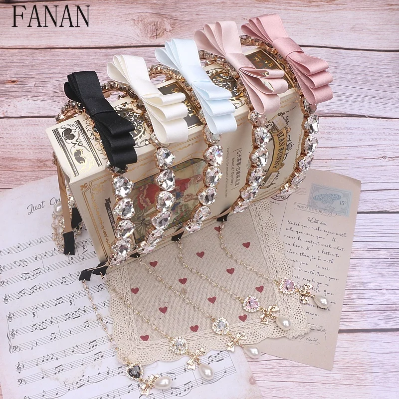 

Lolita Hairbands Women Sweet Bow Bead Chain Love Diamond Pendant New Headwear Japanese and Korean Ladies Hair Accessories