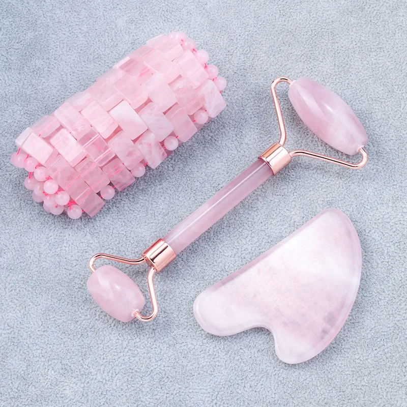 Natural Rose Quartz Cold Therapy Eye Mask Jade Roller Gua Sha Massage Face Eye Relax Stone Sleep Mask Jade Massager With Box
