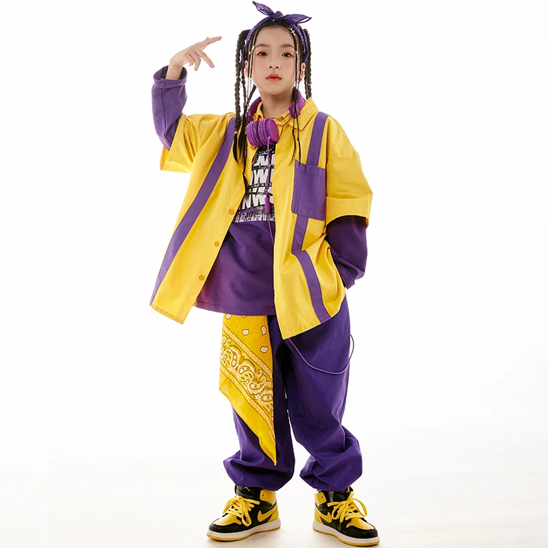 Street Hip Hop Clothes Kids Loose Yellow coat Purple Pants Girls Jazz Dance Costume Boys Drum Hiphop Performance Clothing L11575