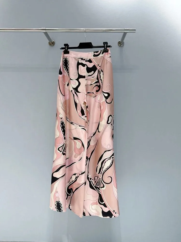 Spring Summer Fashion Casual Resort Geometric Print Silk Wide Leg Pants Women's Middle Waist Slim Loose Bell Bottoms Trousers