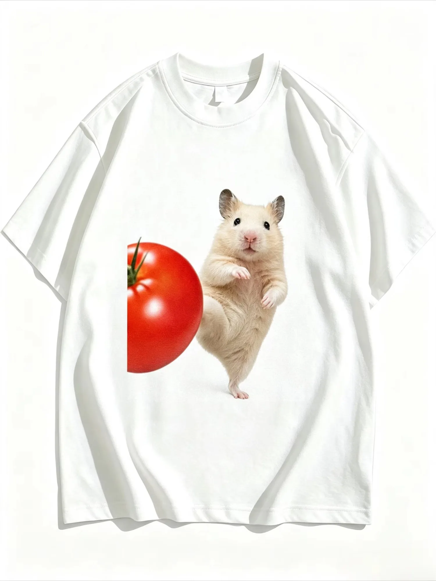Men T-shirt Cute Hamster with Big Tomato Funny Meme Print Soft Cotton Breathable Daily Casual Tops
