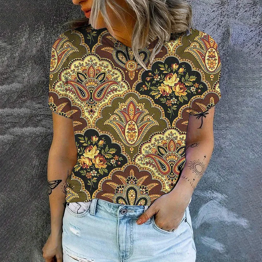 2024 New Summer Vintage Floral Pattern Casual Fashion Youthful Women\'s Short Sleeve Plus Size T-shirts Comfortable Tops  S-5XL