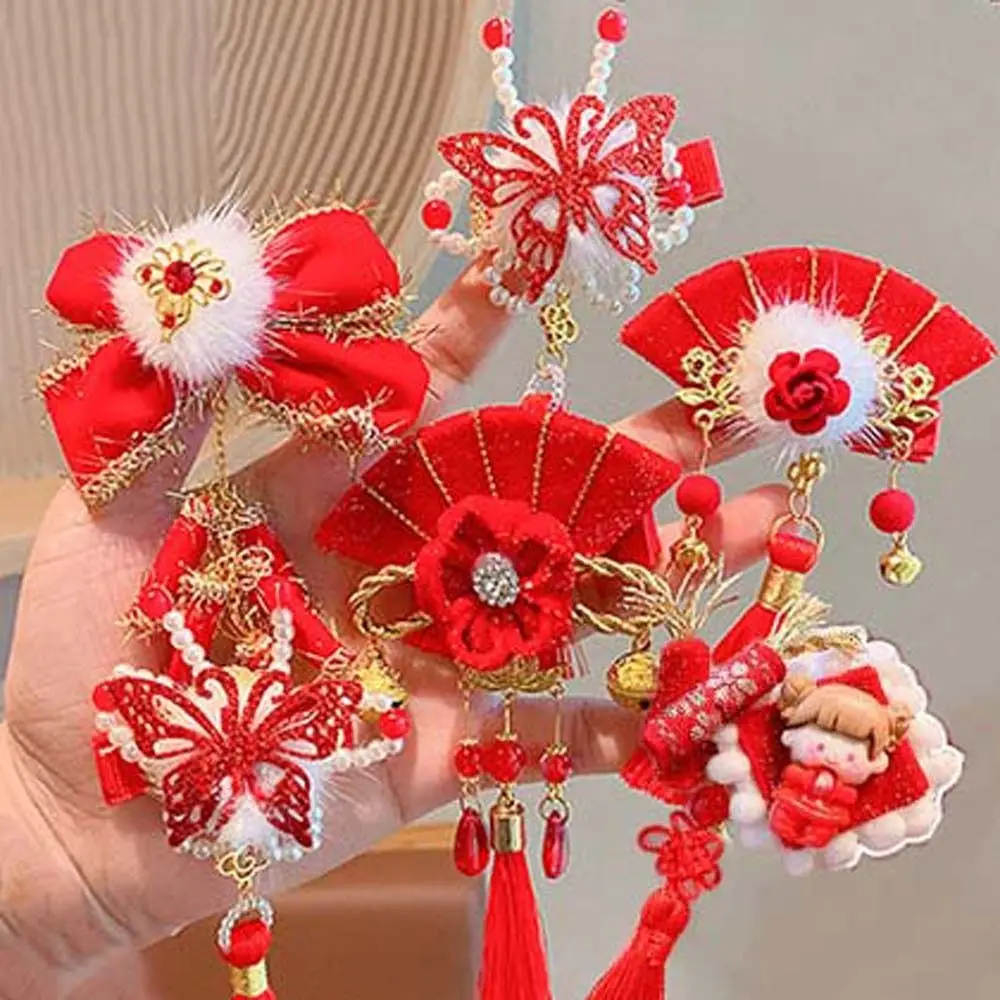 

Korean Hanfu Flower Bowknot Hair Clips Butterfly Pearl Duckbill Clip New Year Plush Tassel Hairpin Barrettes Hair Side Clip