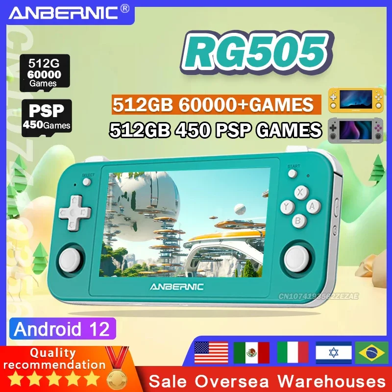 

ANBERNIC RG505 New Handheld Game Console Android 12 System 4.95 Inch OLED Touch Screen Unisoc Tiger T618 512G PSP/PS2 Games