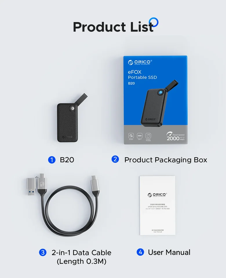 ORICO 2TB ポータブル SSD、最大 2000MB/秒、USB 3.2 Gen 2x2、超ミニ