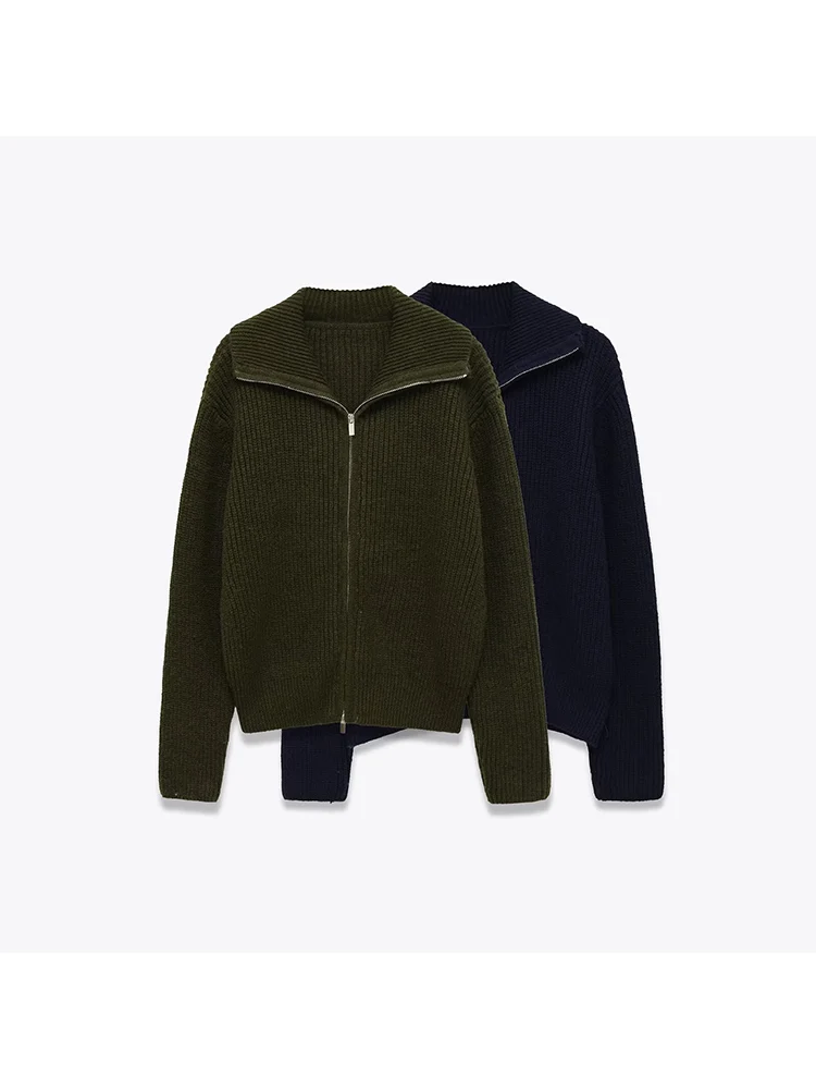 

European style new women's fashion versatile temperament solid color loose zipper jacket knitted sweater