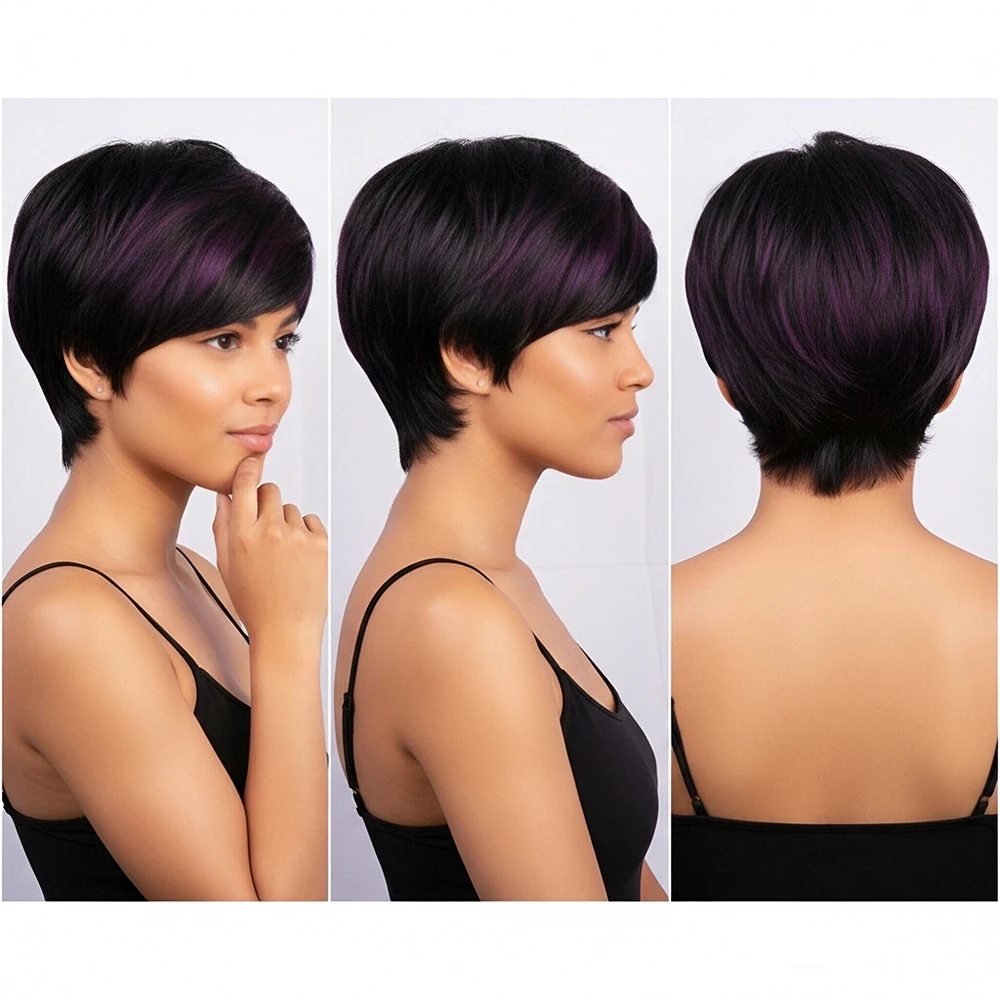 Parrucche per capelli umani corti lisci viola Parrucca taglio pixie con frangia a strati per le donne Berretto fatto a macchina per capelli bazili Evidenzia viola