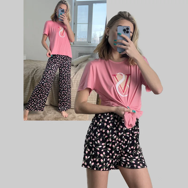 Ladies Three-Piece Pajamas Women Spring And Autumn Summer Home Leisure Short-Sleeved Trousers Printed Ladies Pajamas Homewear