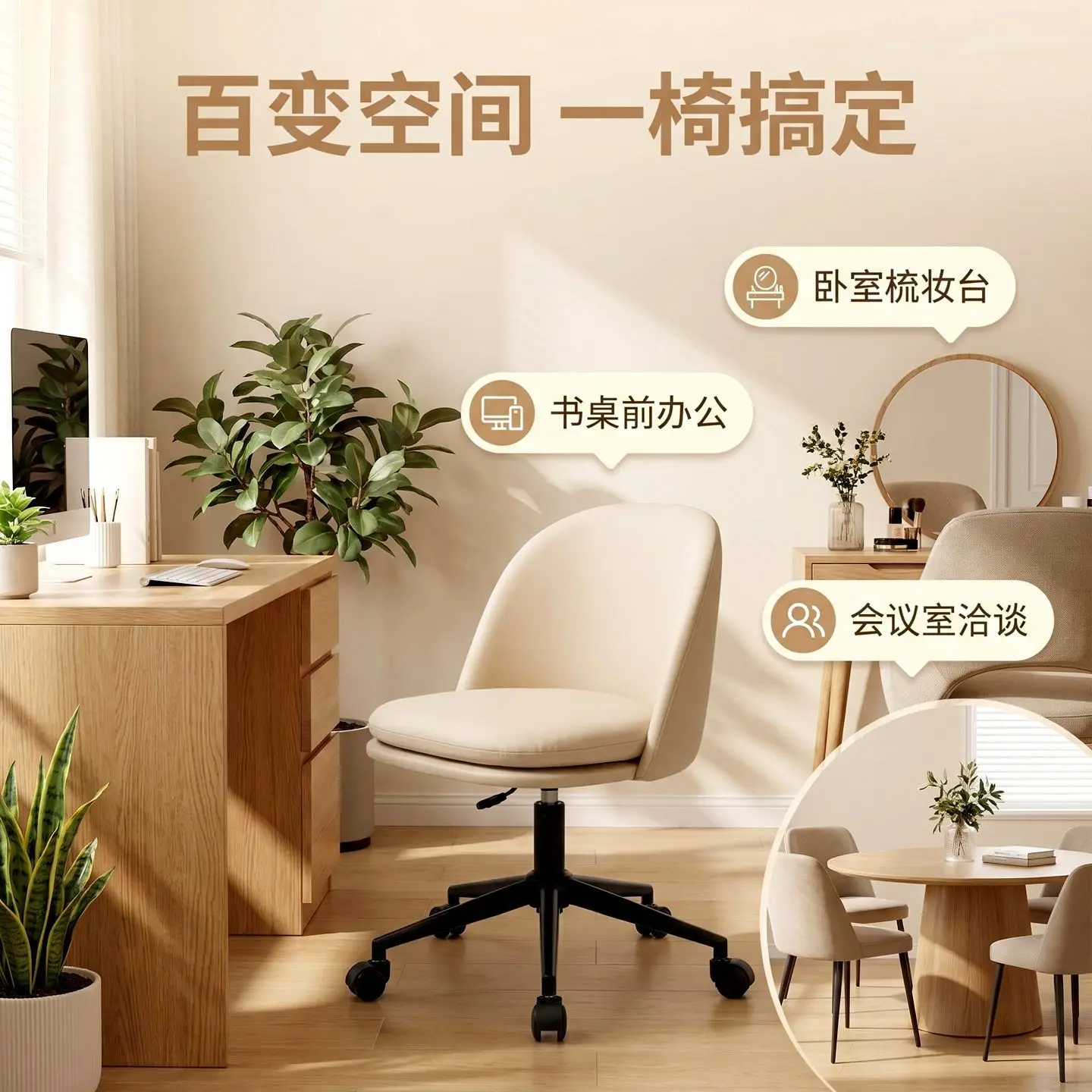 Gaming Chair Armless Faux Leather Swivel Computer Chair Height Adjustable Rolling Task Chair With Wheels For Home Office Tan
