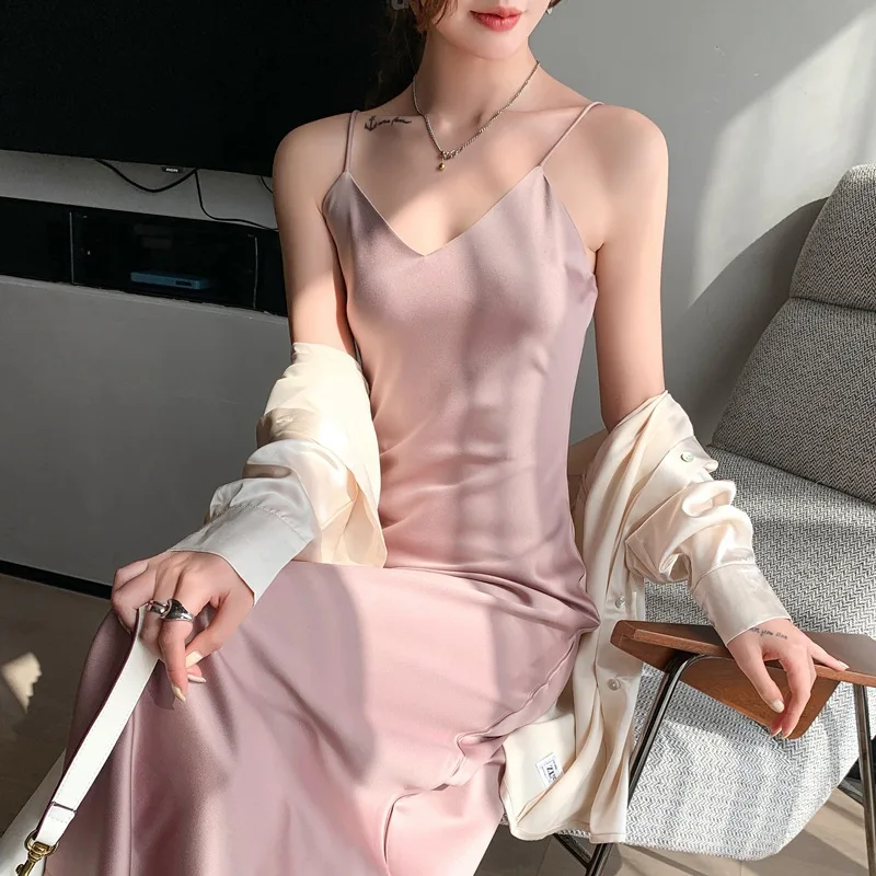 Women Sexy Style Summer Slip Dress V Neck Solid A-line Slim Pullover Fashion Temperament Women's Casual Satin Long Dresses 2022