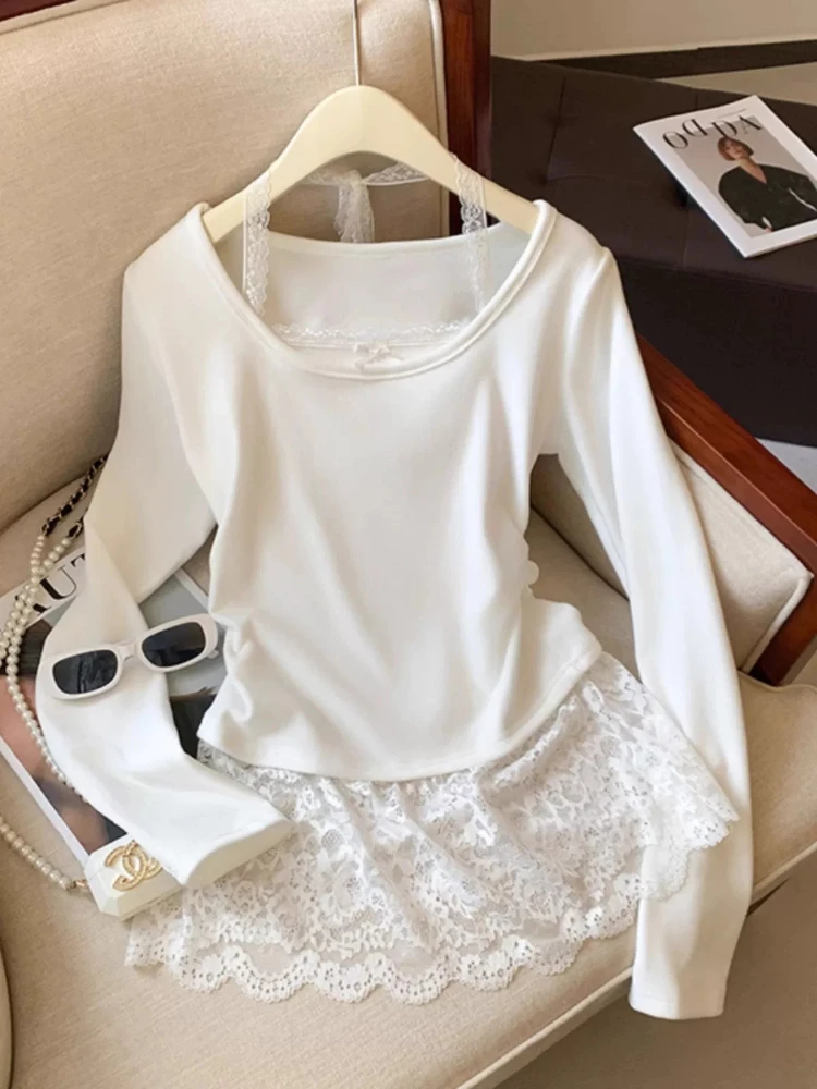 White Lace Trim Long Sleeve T-Shirt Women's Layered Base Shirt Pear Shaped Body Enemy High Waist Korean Style Creative Pattern