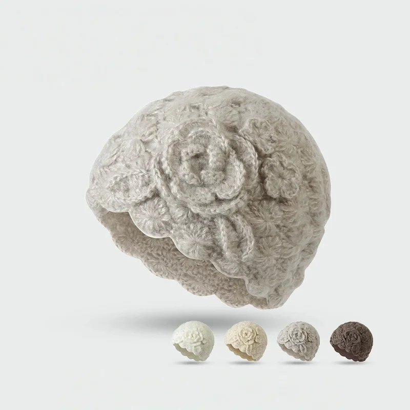 

Вязаная шапка-бини с цветочным узором на осень 2026 года, повседневная, модная, универсальная, на шнуровке, нишевая, теплая зимняя шапка