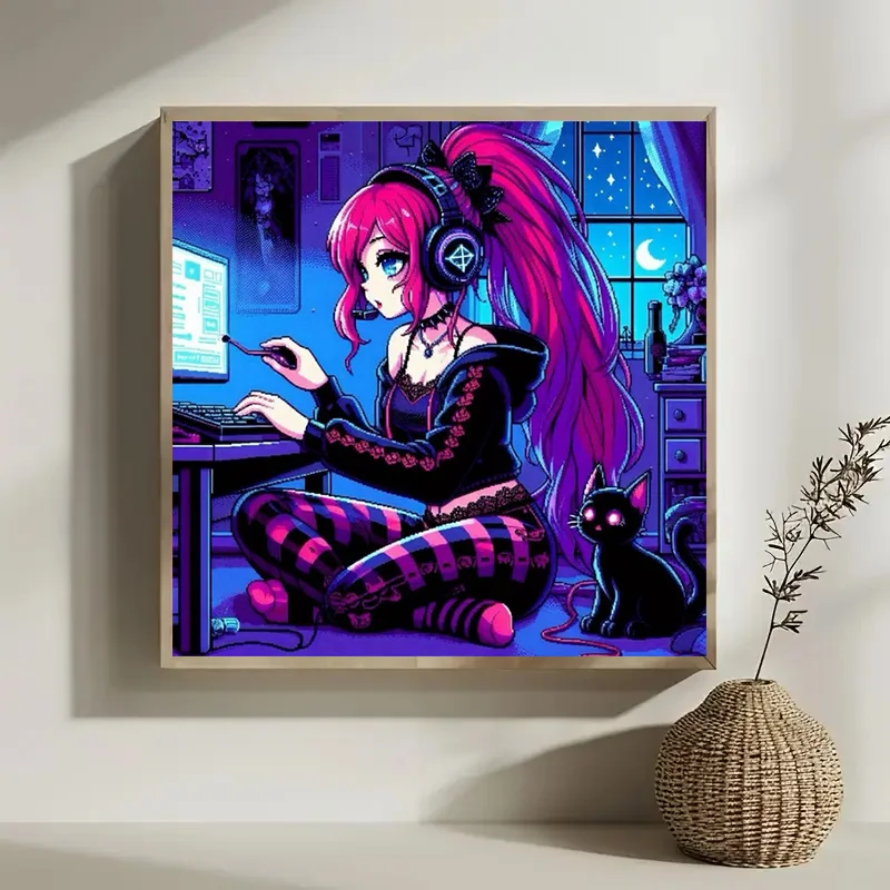 Diamond Painting Pixel Style Gaming Maiden With Black Cat Diamonds Mosaic Handicraft, Ideal Holiday Gift Home Wall Decor