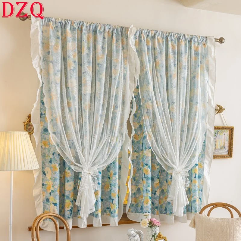

American Idyllic Double-layer Lace Tulle and Cloth Curtains Living Room Ruffle Blue and Yellow Flowers Curtains for Kitchen A617