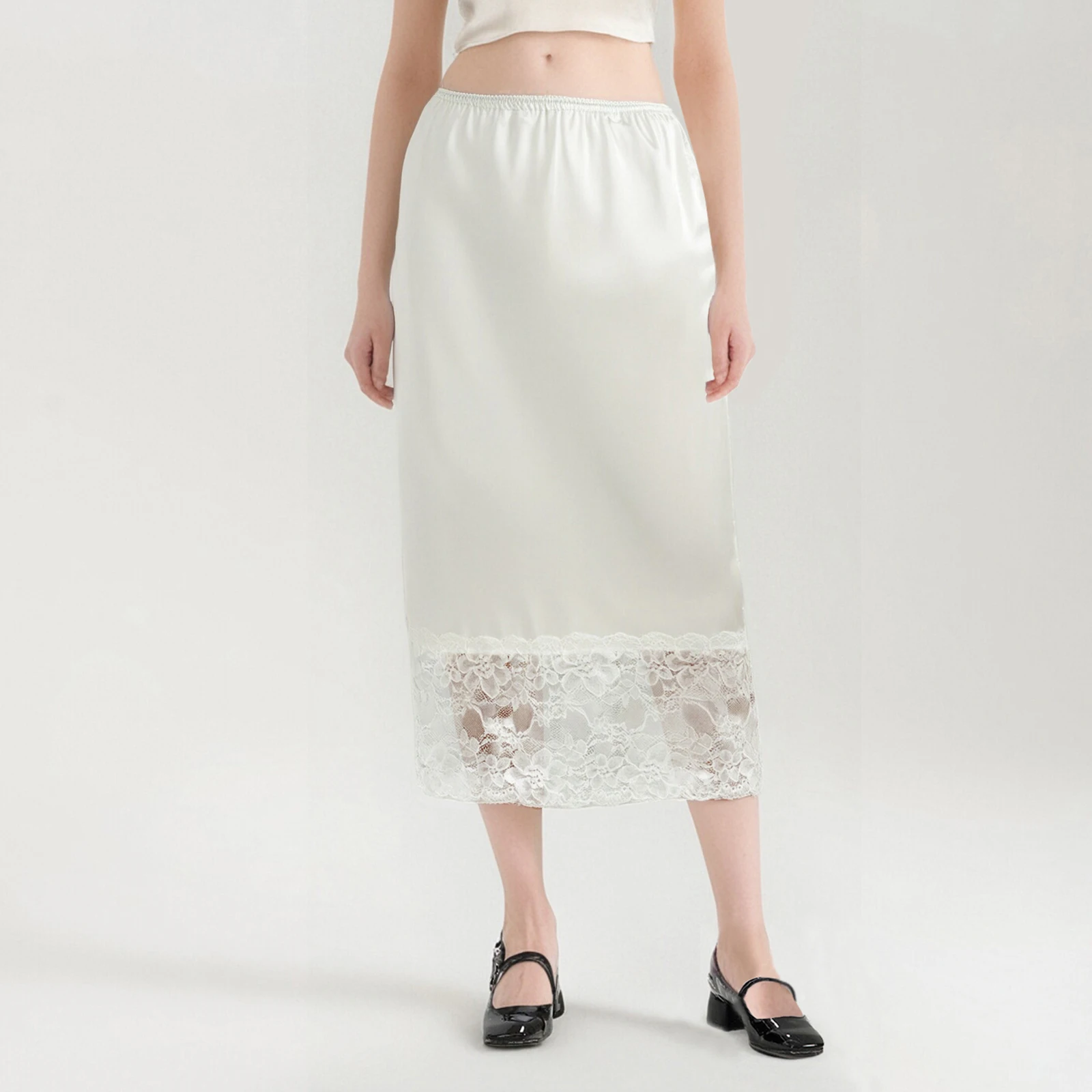 

New Fashion Women Patchwork Lace Satin Skirt Elastic Waist Mid Length Skirts Elegant Fall Streetwear Hot Sale S M L