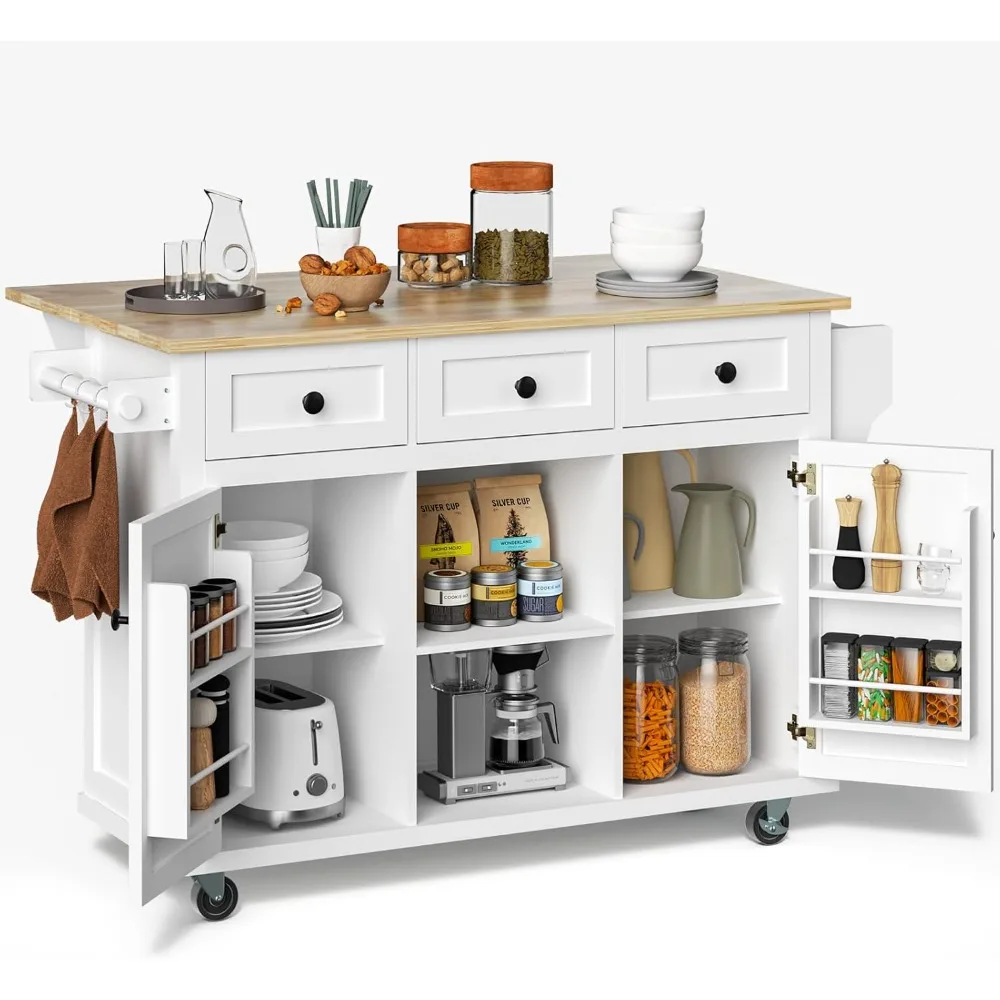 

"53-Inch Rolling Kitchen Island Cart with Solid Wood Portable Storage Cabinet and Drawers"