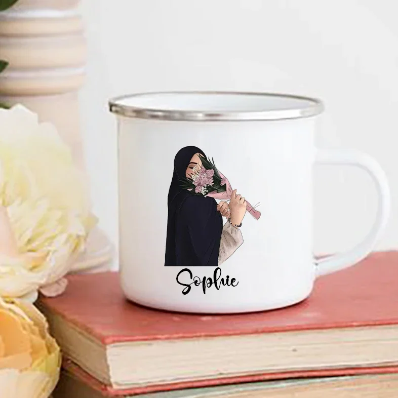 Personalised Hijabi Girl Printed Mug Coffee Cups Drinks Water Cup Muslim Girls Custom Name Enamel Handle Mugs Handle Eid Gifts