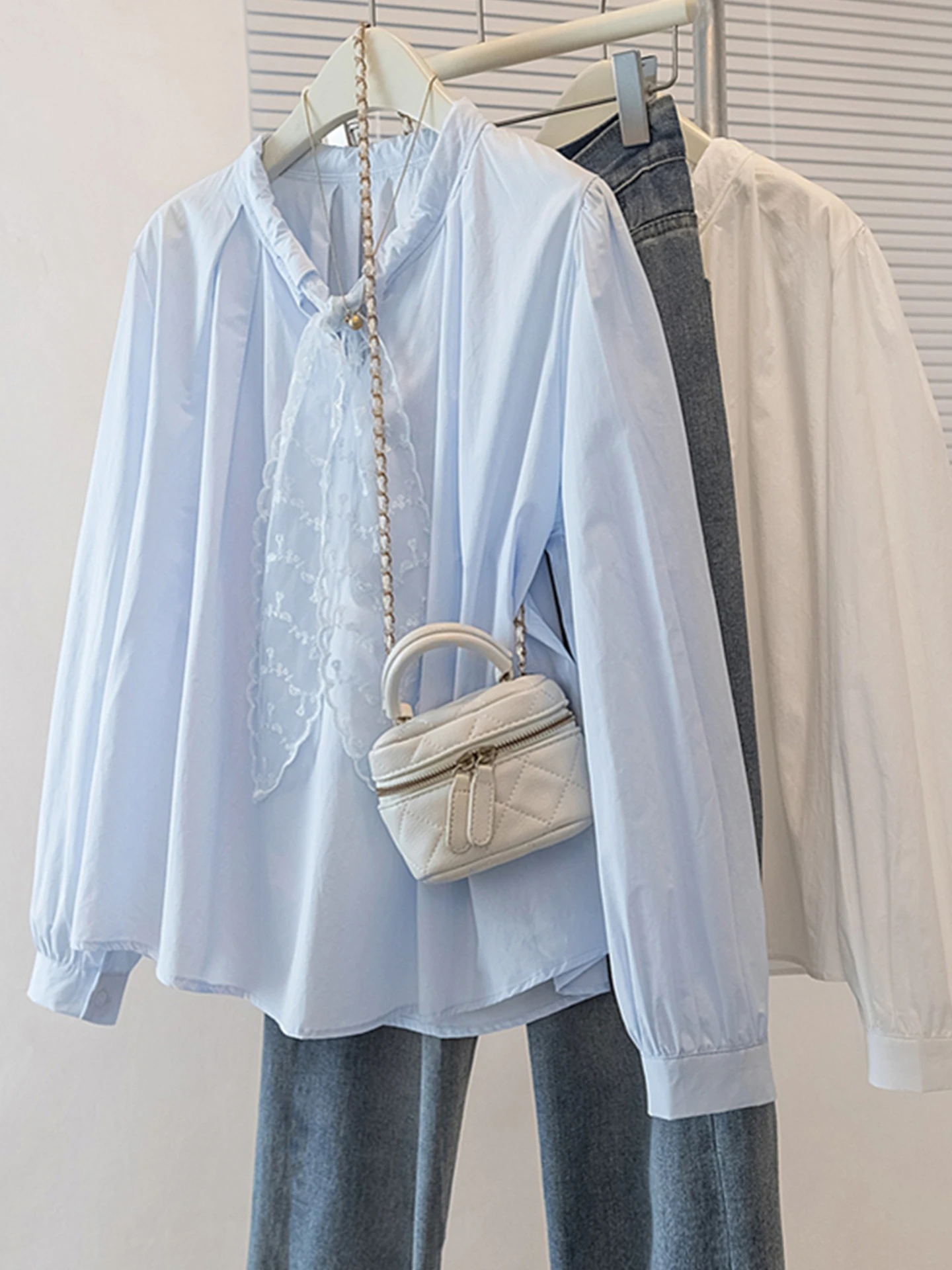 

Синяя кружевная блузка с узлом и длинными рукавами для женщин, ранняя весна, большие размеры, модный дизайн, топ с открытыми плечами, корейский стиль, свободный крой