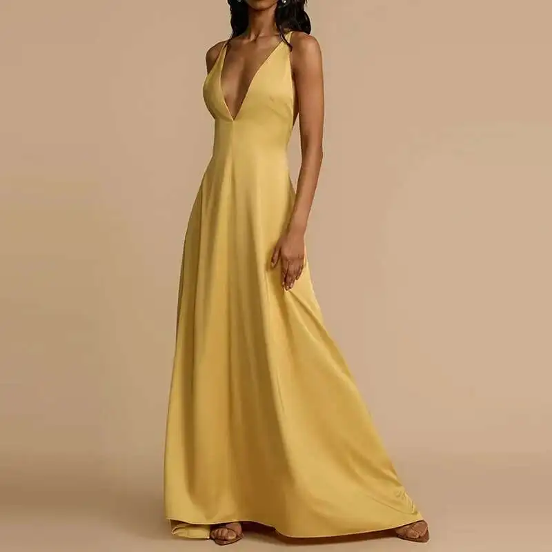 Casual Summer Slim Fit Holiday Sexy Ladies Deep V Backless Satin Simple Solid Color High Waist Party Long Dress New