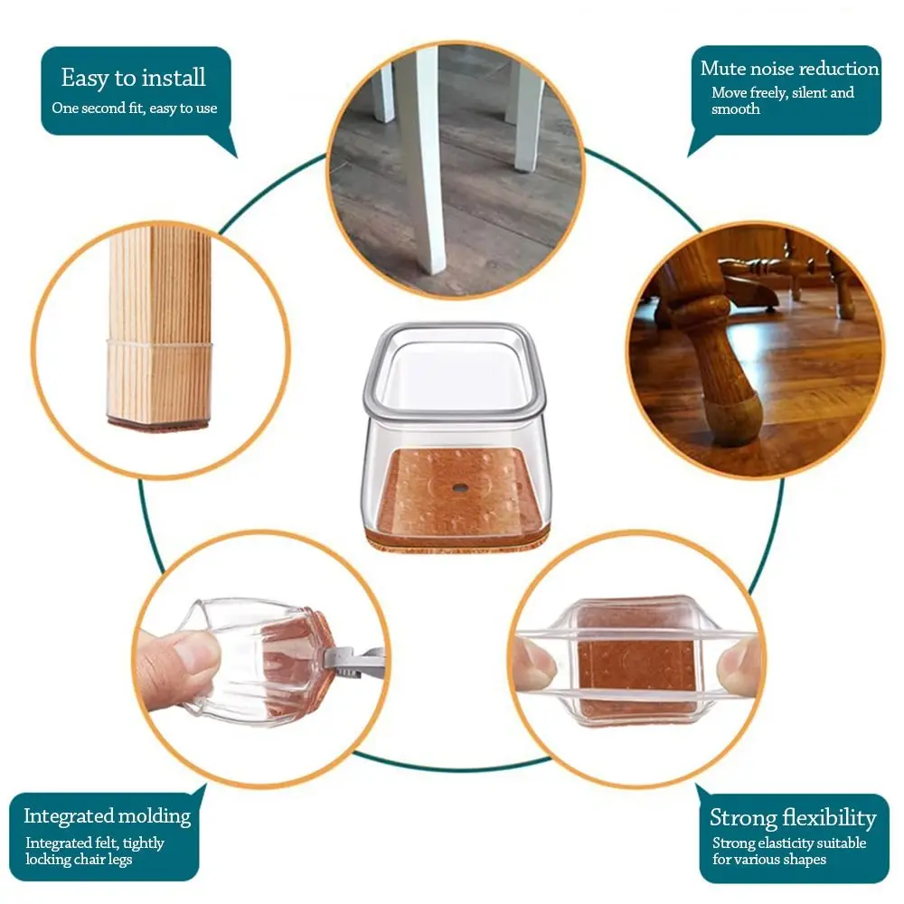 Nuove coperture in feltro per gambe di sedie in silicone Quadrate riducono il rumore Copri piedi per tavoli Copri gambe per mobili ispessito antiscivolo