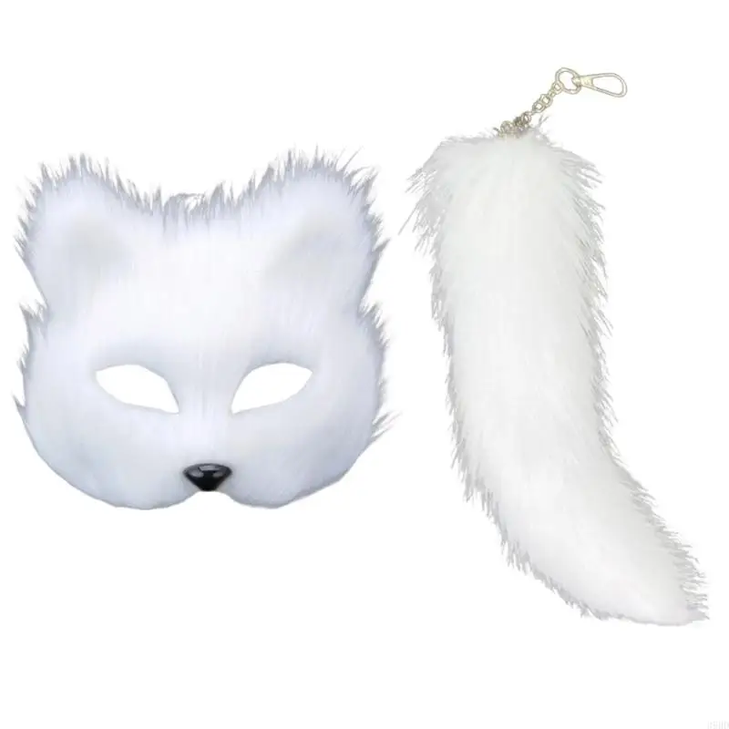39bd Faux Furs Foxes Tail Mask Mask và Tail Halloween Cosplays Party