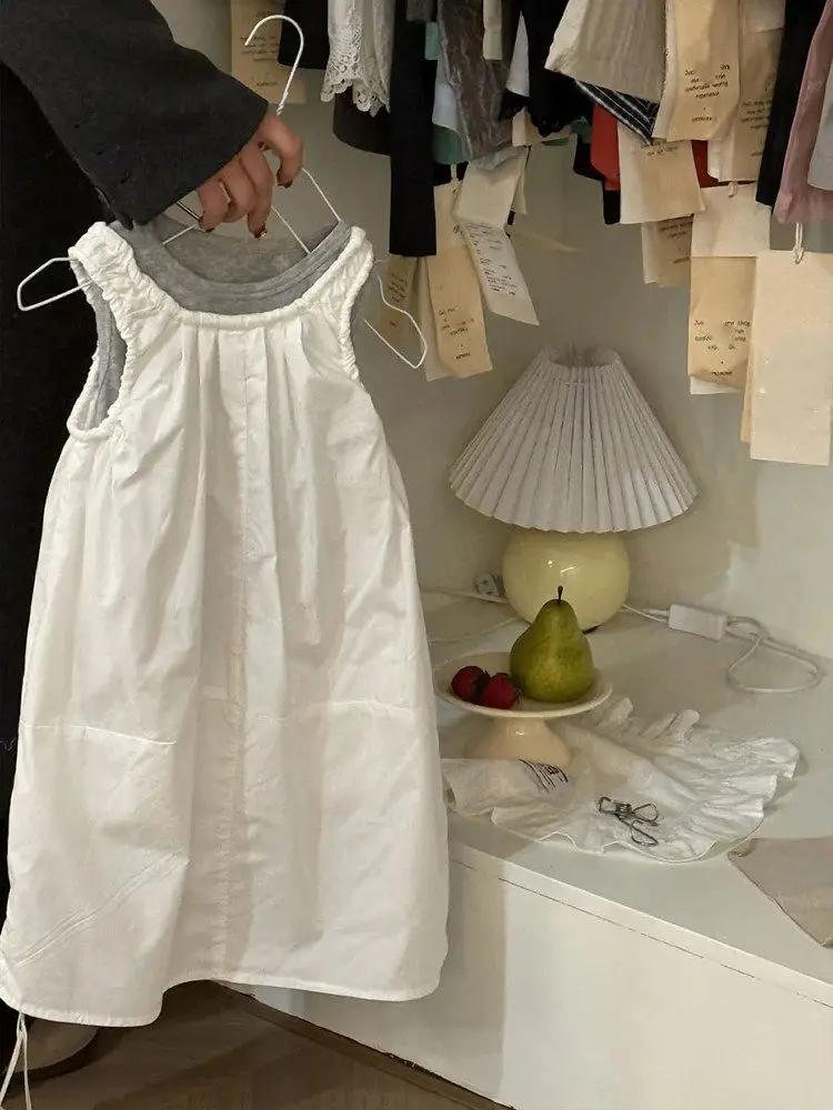 

Girls Summer Sleeveless Long Dress White Fashionable Thin Korean Style Princess Skirt Children's Clothing Pola Team Short Sleeve